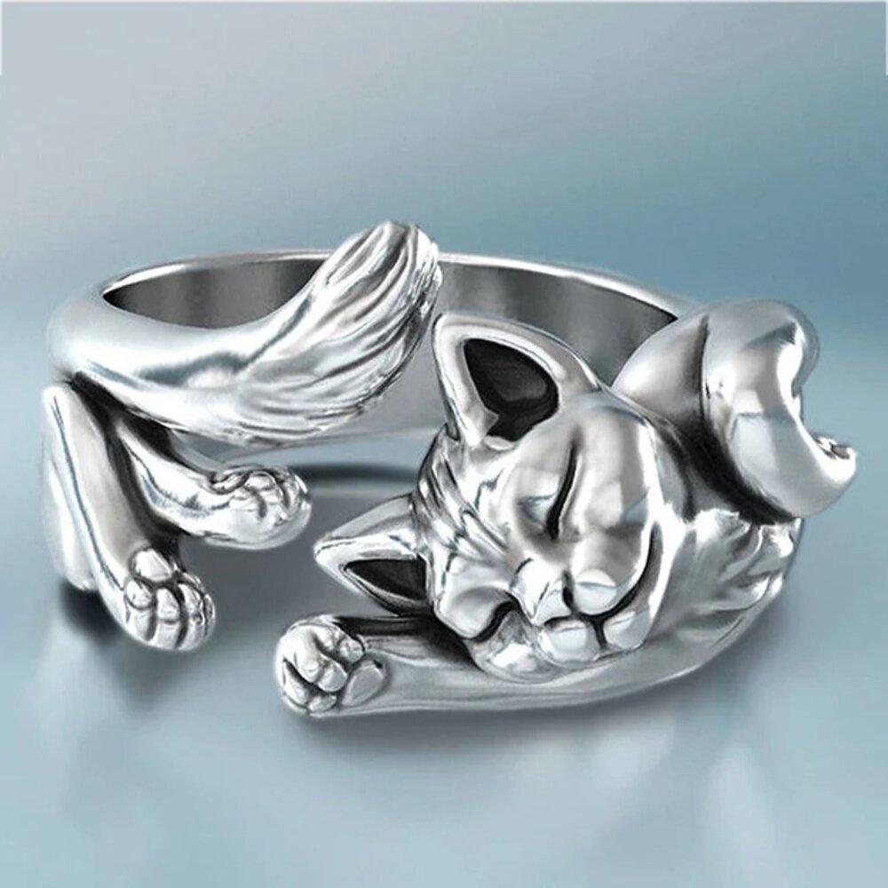 Kitty Cat Ring 925 Silver Plated Copper Totem Ring Adjustable New